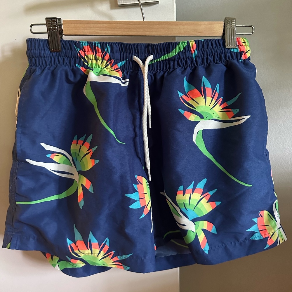 Chubbies - 5.5 inch swim trunks - small - blue with tropical palm trees